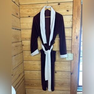 Vintage Cotton SOFT Velvet Velour Burgundy White Robe‎ Retro Medium 40 Unisex
